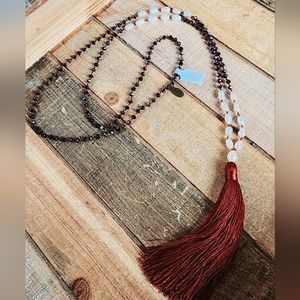 Zacasha Boho Faceted Crystal and Pearl Tassel Drop Necklace burgundy black